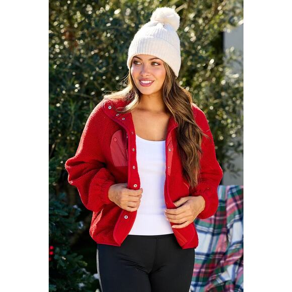 Free People FP Movement Hit The Slopes Fleece Jacket Coral Red Sherpa Size XL - Picture 16 of 16